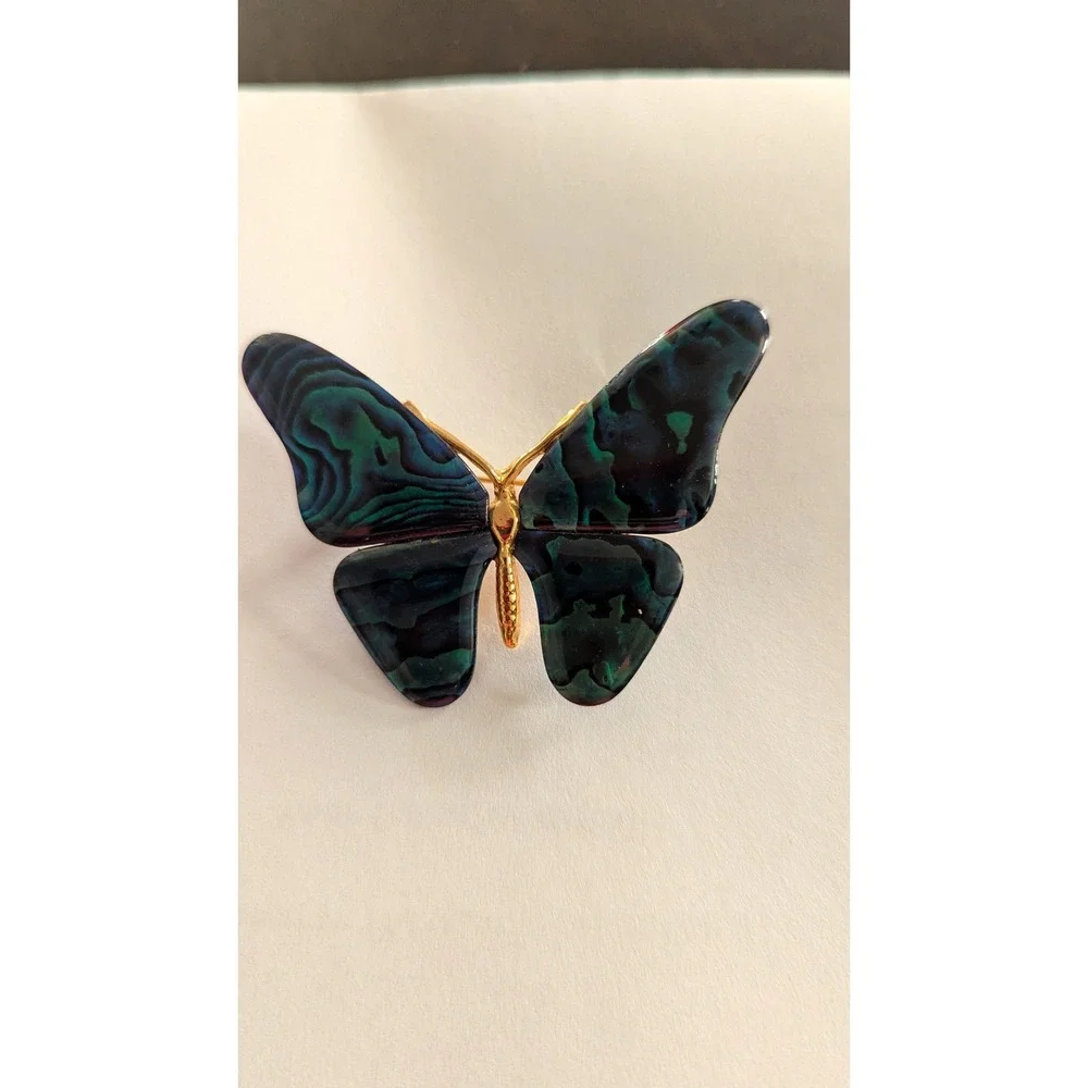 Vintage Abalone Shell Butterfly Brooch Gold Tone Iridescent Blue Green Pin